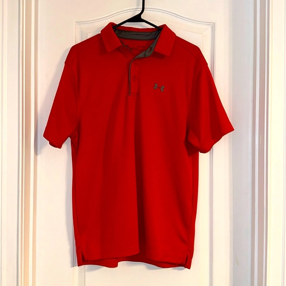 Under Armour Polo Shirt Mens Medium Red Performance Loose Heatgear - Picture 1 of 3